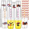 Sliner 100 Sets 12 oz Happy Halloween Cups Clear Plastic Disposable Cups with Lids and Paper Straws Halloween Party Supplies for Party Coffee Beer Beverage Ice Cream Snack Candy