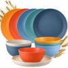 Sliner 12 Pcs Wheat Straw Dinnerware Sets Plates and Bowls, 6 Pcs 9 Inch Dinner Plates 6 Pcs 28 oz Unbreakable Cereal Bowls Lightweight Reusable Plastic Dinnerware Dishwasher Microwave Safe, 6 Color