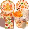 Sliner 180 Pcs Fall Party Plates and Napkins, Fall Party Supplies Include Paper Plates Napkins Cups Fork Disposable Tableware Set for Autumn Thanksgiving Decorations, Serves 30(Blue Car Pumpkin)(Leaves)
