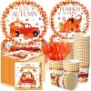 Sliner 180 Pcs Fall Party Plates and Napkins, Fall Party Supplies Include Paper Plates Napkins Cups Fork Disposable Tableware Set for Autumn Thanksgiving Decorations, Serves 30(Blue Car Pumpkin)(Red Car Pumpkin)