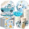 Sliner 180 Pcs Fall Party Plates and Napkins, Fall Party Supplies Include Paper Plates Napkins Cups Fork Disposable Tableware Set for Autumn Thanksgiving Decorations, Serves 30(Blue Car Pumpkin)(Blue Car Pumpkin)