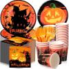 Sliner 180 Pcs Halloween Party Supplies Plates Napkins Cups Serve 30 Halloween Disposable Paper Dinner Dessert Plates Spooky Napkins Cocktail Beverage Cups Plastic Fork Set (Multicolor,Cute Style)(Orange)
