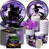 Sliner 180 Pcs Halloween Party Supplies Plates Napkins Cups Serve 30 Halloween Disposable Paper Dinner Dessert Plates Spooky Napkins Cocktail Beverage Cups Plastic Fork Set (Multicolor,Cute Style)(Purple)
