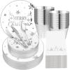 Sliner 210 Pcs Christmas Party Tableware Christmas Disposable Plates and Cups Xmas Cutlery and Napkins for Serves 30 Guests Party Supplies(Red and Gold)(White and Silver)