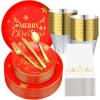 Sliner 210 Pcs Christmas Party Tableware Christmas Disposable Plates and Cups Xmas Cutlery and Napkins for Serves 30 Guests Party Supplies(Red and Gold)(Red and Gold)