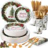 Sliner 350 Pcs Christmas Paper Plates and Napkins Set Disposable Xmas Tableware Dinnerware Party Supplies Includes 100 Paper Plates 50 Cups 50 Napkins 50 Sets Knives Forks and Spoons for 50 guests(Cheerful Colors)