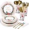 Sliner 350 Pcs Christmas Paper Plates and Napkins Set Disposable Xmas Tableware Dinnerware Party Supplies Includes 100 Paper Plates 50 Cups 50 Napkins 50 Sets Knives Forks and Spoons for 50 guests(Classic Colors)