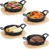 Sliner 4 Sets Mini Cast Iron Skillet Small Cast Iron Plates Skillet with Wooden Base Small Round Pan Fajita Plate Pot for Baking Cooking(6.3 Inches)(3.9 Inch)