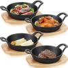 Sliner 4 Sets Mini Cast Iron Skillet Small Cast Iron Plates Skillet with Wooden Base Small Round Pan Fajita Plate Pot for Baking Cooking(6.3 Inches)(4.9 Inches)
