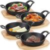 Sliner 4 Sets Mini Cast Iron Skillet Small Cast Iron Plates Skillet with Wooden Base Small Round Pan Fajita Plate Pot for Baking Cooking(6.3 Inches)(7.1 Inches)