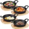 Sliner 4 Sets Mini Cast Iron Skillet Small Cast Iron Plates Skillet with Wooden Base Small Round Pan Fajita Plate Pot for Baking Cooking(6.3 Inches)(7.9 Inches)
