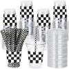 Sliner 50 Sets Plastic Cups Disposable with Lids and Paper Straws 16 oz Clear Drinking Cups for Xmas Checkered Flag Cow Print Themed Holiday Birthday Party(Checkered Racing Style)(Checkered Racing Style)