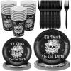 Sliner 96 Pcs Bride or Die Bachelorette Party Decorations Til Death Do Us Party Supplies Skull Gothic Bachelorette Bridal Shower Plates and Napkins Disposable Tableware Set Serves 24 Guests