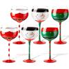 Sliner Christmas Wine Glasses 18.6 Oz Set of 6 Festive Santa Belt Snowman Drinking Goblets Cups with Stem Red Green White Colored Painted Winter Glassware for Xmas Holiday Wine Glass Gift