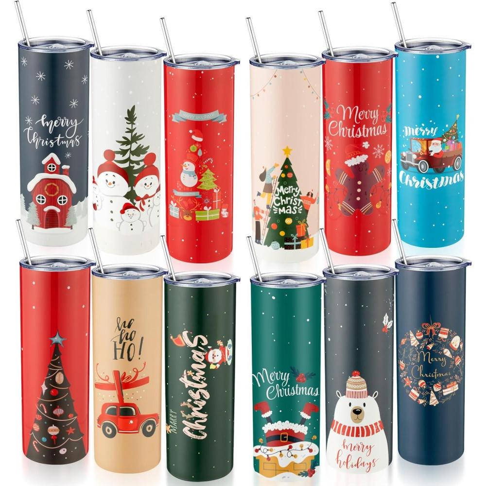 imageSliner 12 Pcs Christmas Skinny Tumbler Set 20 oz Stainless Steel Tumblers with Lids and Straws Double Vacuum Insulated Cup Christmas Gift Water Bottle Snowman Santa Travel Mug for Men Women TreeTree