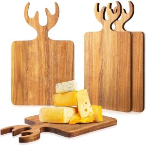 Sliner 4 Pcs Christmas Charcuterie Boards Thick Wooden Cutting Boards with Antler Handle Deer Bread Board Cheese Chopping Board for Kitchen Gift Housewarming Wedding (Large, Small)(Large  Small)