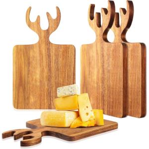Sliner 4 Pcs Christmas Charcuterie Boards Thick Wooden Cutting Boards with Antler Handle Deer Bread Board Cheese Chopping Board for Kitchen Gift Housewarming Wedding (Large, Small)(Small)