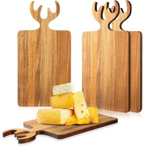 Sliner 4 Pcs Christmas Charcuterie Boards Thick Wooden Cutting Boards with Antler Handle Deer Bread Board Cheese Chopping Board for Kitchen Gift Housewarming Wedding (Large, Small)(Large)